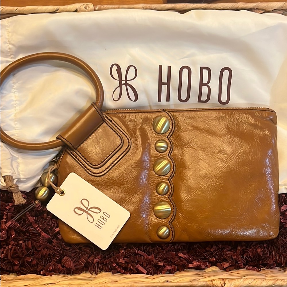 HOBO Brown Leather Wristlet with Gold Accents
